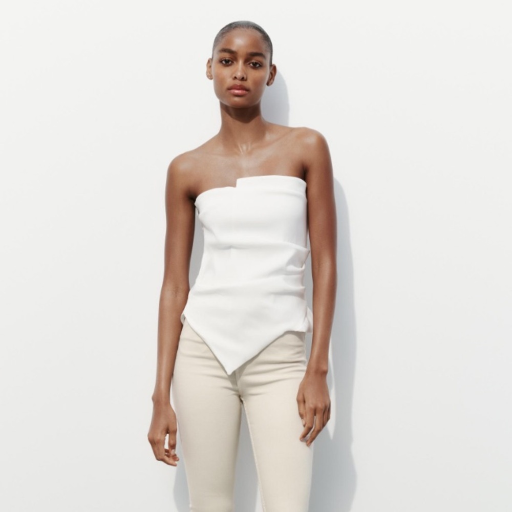 zara strapless ruched asymmetrical strapless top